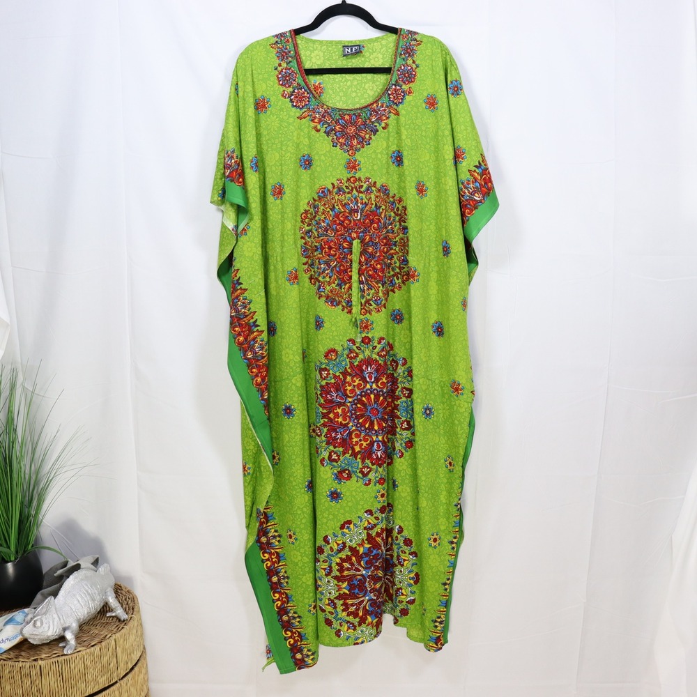 NF Floral Kaftan OS Green Womens Boho Medallion Loungewear